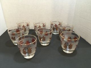 Vintage 1960s Set Of 8 Libbey Gold Leaf Frosted Cocktail Glasses 3 1/2”t - 9 Oz.