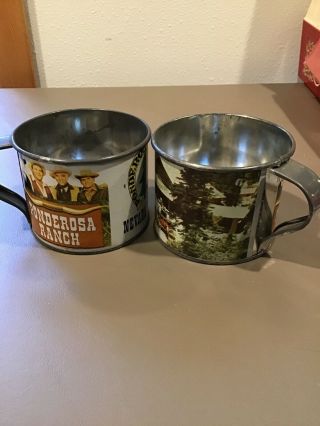 2 Vintage Ponderosa Ranch Tin Mug Cups With Cartwrights Bonanza Western Tv Show