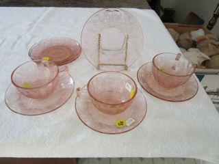 Floral " Poinsettia " Depression Glass Pink Cups (3) Saucers (5) Sherbet Plate (1)
