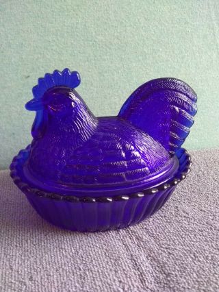 Westmoreland Cobalt Blue Glass Hen On Basket Nest Candy/sugar/trinket Dish