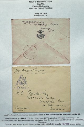 Malaya 29 Sep 1941 Forces Mail Censored Cover From Nee Soon,  Singapore To Gb