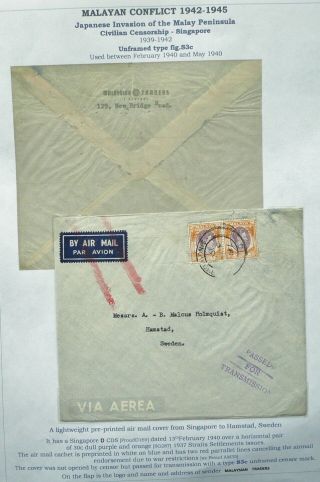 Malaya 13 Feb 1940 Airmail Cover From Singapore To Hamstad,  Sweden - Censored
