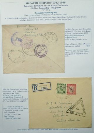 Malaya 4 Jun 1940 Registered Cover From Seremban To Costa Rica - Censored - See