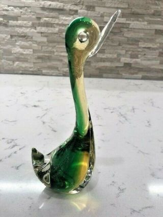 Vintage Green/yellow/clear Hand Blown Glass Duck Figurine/paperweight