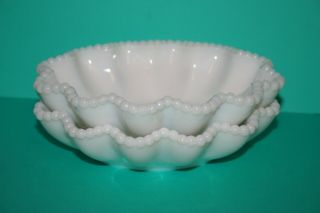 Westmoreland Beaded Edge Candy Nappy Dish Bowl Crimped White Milk Glass Set 2