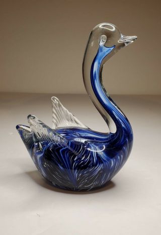 Hand Blown Art Glass Blue And White Swan Paperweight 5 " H X 4 " W