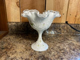 Vintage Fenton Silver Crest White Milk Glass Hand Painted Pedestal Candy Dish