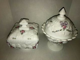 2 Westmoreland White Milk Glass Covered Candy Dishes Pink Ribbons & Roses Wow