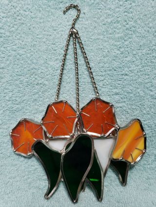 Vintage Stained Glass Flower Basket Sun Catcher With Orange Slag Glass