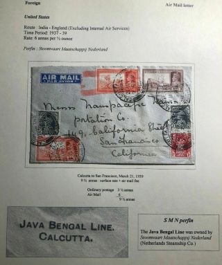 1939 Calcutta India Airmail Cover To San Francisco Usa Java Bengal Line Perfin