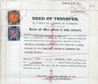 1916 South Africa Deed Of Transfer Franked With Selection Of Kgv Union Revenues.