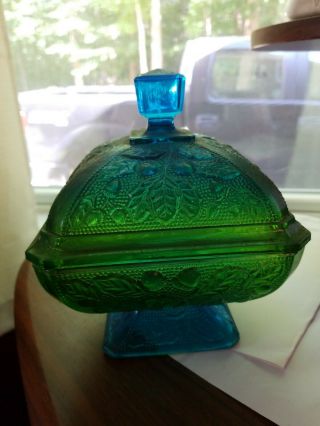 Blue And Green Carnival Glass Lidded Candy Dish