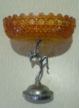 Art Deco,  Marigold Carnival Glass Tazza,  With Chrome Lady To Base