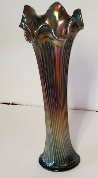 Fenton 12 3/4 " Carnival Art Glass Cobalt Blue Base Fine Rib Swung Vase