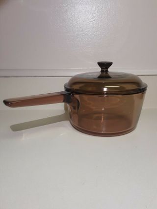Vintage Corning Vision Ware Amber Glass 1.  5l Sauce Pan Pot With Pyrex Lid.
