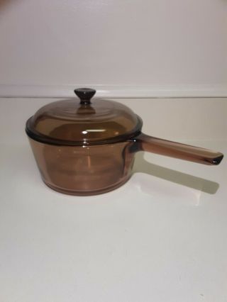 Vintage Corning Vision Ware Amber Glass 1.  5L Sauce Pan Pot with Pyrex Lid. 2