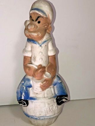 Vintage 1960s Plastic Toy Popeye The Sailor Man Sitting On Spinach Barrel