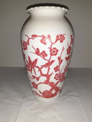 Vintage Anchor Hocking Milk Glass Vase With Red Birds Branches Flowers