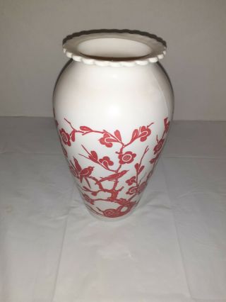 Vintage Anchor Hocking Milk Glass Vase with Red Birds Branches Flowers 2
