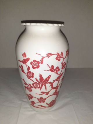 Vintage Anchor Hocking Milk Glass Vase with Red Birds Branches Flowers 3
