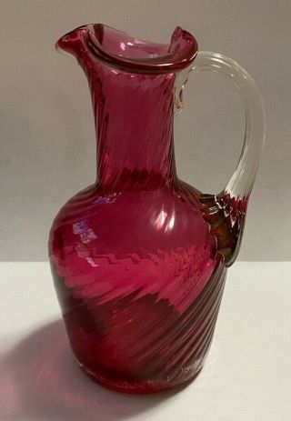 Pilgrim Small Swirled Cranberry Glass Pitcher Carafe With Clear Glass Handle