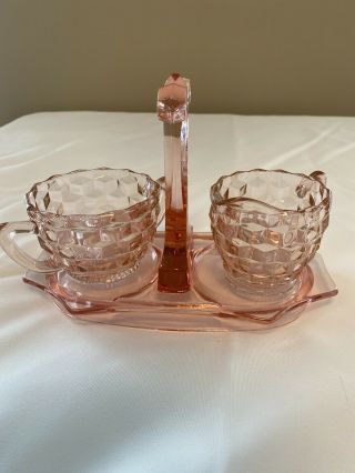 Vintage Pink Depression Glass Cube Cubist Open Sugar Bowl And Creamer W/ Holder