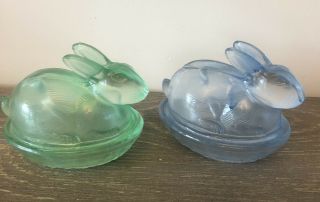 Le Smith Glass Bunny On Nest Rabbit Candy Dish Easter Set 2 Green Blue