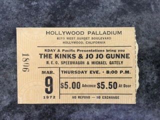 The Kinks & Jo Jo Gunn Orig Ticket Stub 1972 Hollywood Palladium Rare Cond