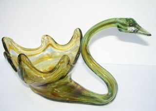 Vintage Murano? Art Glass Swan Bowl Vase Centerpiece Green/brown Mid Century