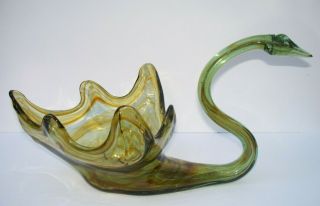 Vintage Murano? Art Glass Swan Bowl Vase Centerpiece Green/Brown MId Century 2