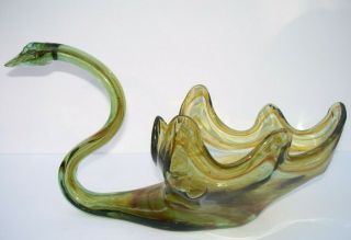 Vintage Murano? Art Glass Swan Bowl Vase Centerpiece Green/Brown MId Century 3