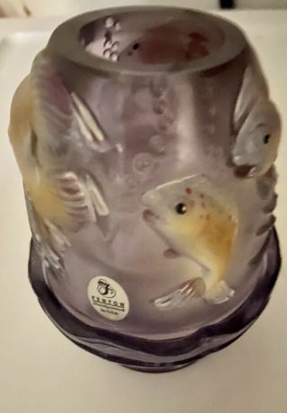 Vintage Fenton Iridescent Purple Art Glass Atlantis Koi Fish Fairy Lamp Signed