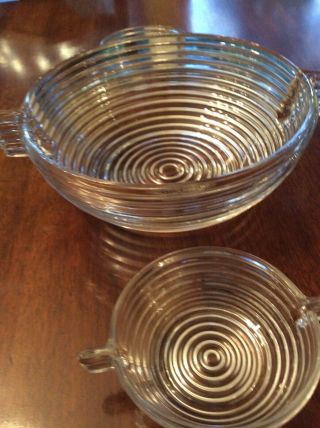 Anchor Hocking Manhattan Depression Glass Clear Ribbed 9 " Handled W/ Berry Bowls