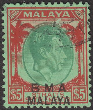 Malaya Bma Administration 1945 Kgvi $5 Green,  Red Sg17 Cat £160 Surf Flt