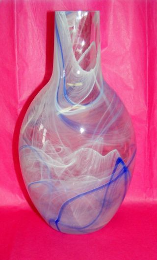 Vtg.  Murano Swirl Art Glass White/blue Large Heavy Vase 11 1/2 " T Oval Top,  Lqqk