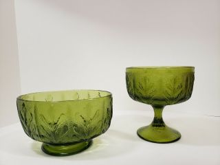 Set Of 2 Vintage Ftd Green Glass Oak Leaf Pedestal Candy Dish & Oval Bowl