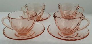 4 Vintage Arcoroc France Rosaline Pink Glass Spiral Coffee Tea Cup & Saucer Set
