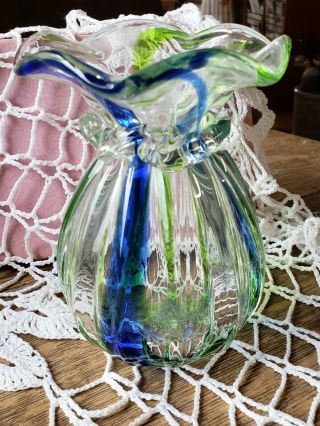Vtg Murano Art Glass Italy 6 Inch Heavy Vase Scalloped Rim Cobalt/green Color