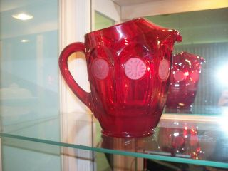 Vintage,  Ruby Red,  Coin Glass Pitcher W/ Ice Lip Or Catch By Fostoria