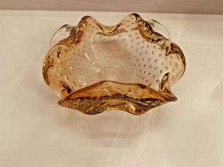 Murano Art Glass Bullicante Bowl Controlled Bubble Amber Clear Ashtray Vintage