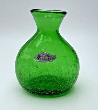 Vintage Blenko Art Glass Grass Green Crackle Glass Vase Orig.  Label 5 " Tall