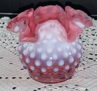 Vintage Fenton Glass Hobnail Cranberry Opalescent Double Crimped Small 3 " Vase