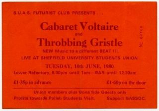 Cabaret Voltaire Throbbing Gristle Sheffield University 10/6/80 Ticket