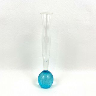 Vintage Mcm Art Glass Bud Vase Paperweight Blue Bubble Blown Glass