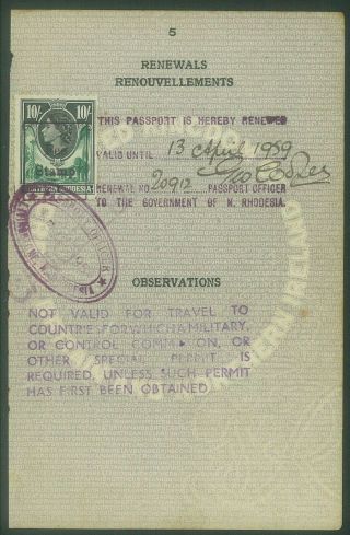 Nth Rhodesia - 1959 Passport Page With 10/ - Qeii With " Stamp Fee " Cancel (es473b)