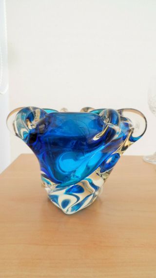 Murano Heavy Kingfisher Blue And Clear Glass Vase / Ash Tray C1970/80s