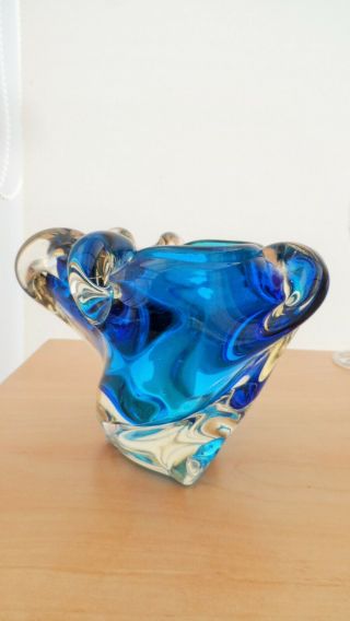 MURANO HEAVY KINGFISHER BLUE AND CLEAR GLASS VASE / ASH TRAY c1970/80s 2