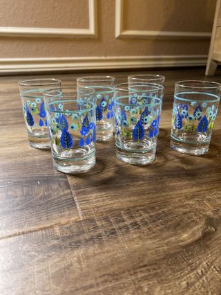 Vintage Juice Glasses Set Of 6 Blue Green Trees & Flowers
