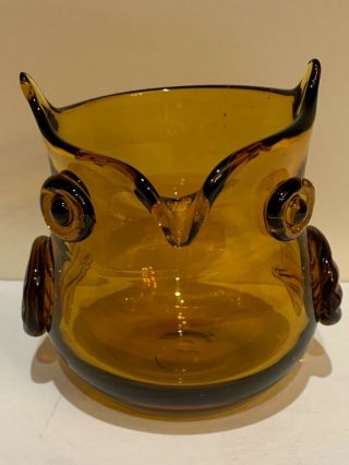 Vtg Mcm Blenko Style Amber Blown Art Glass Owl Vase 4 " Applied Eyes And Wings