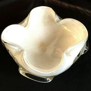 Murano Art Glass Bowl Scalloped Edges Gold Flecks White Handles
